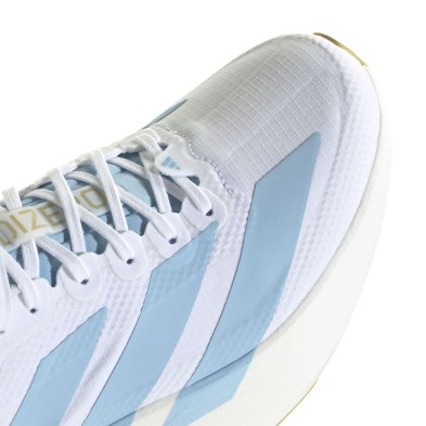 Zapatillas Adidas Adizero Evo SL Woven mujer White Clear Blue Matte Gold empeine téxtil con cordones