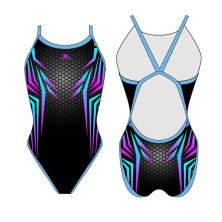 Bañador de natación Turbo Revolution Future mujer Negro. Negro azul y lila tirante fino