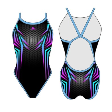 Bañador de natación Turbo Revolution Future mujer Negro. Negro azul y lila tirante fino