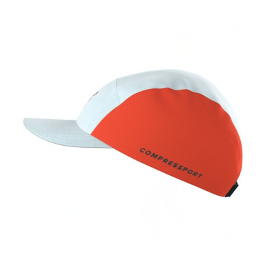 Gorra running Compressport 5 Panel Star White/ Tigerlily protección solar, buena visibilidad, ligera y transpirable