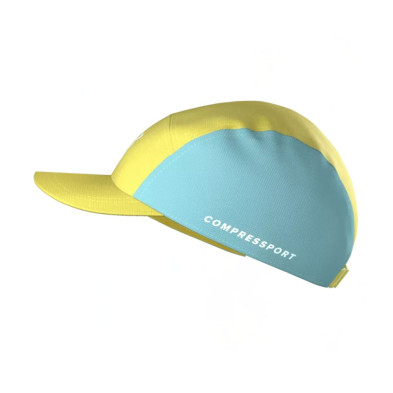 Gorra running Compressport 5 Panel amarillo limón azul protección solar, buena visibilidad, ligera y transpirable