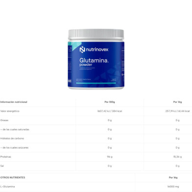 Glutamina Powder 250 gr Neutro de Nutrinovex tabla nutricional