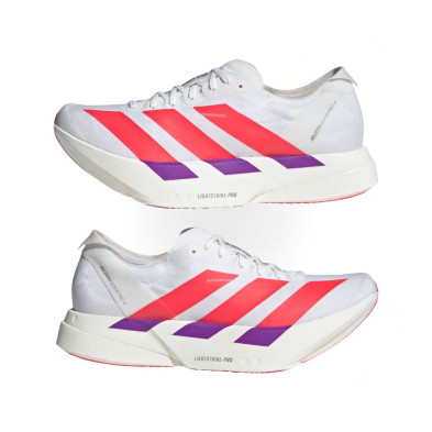 Zapatillas Adidas Adizero Adios Pro 4 Hombre Cloud White Lucid Red Shock Purple reduce el peso sin perder agarre