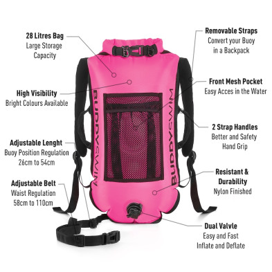 Boya Mochila Seguridad Aguas Abiertas rosa BuddySwim características