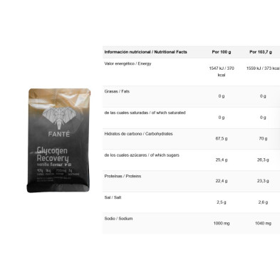 Monodosis Fanté Recovery drink Glycogen 70g Vainilla tabla nutricional