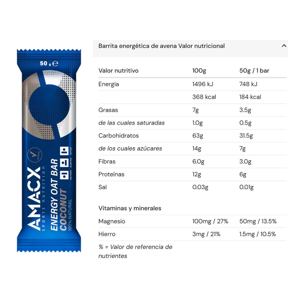 Amacx barrita Energy Oat Bar coconut tabla nutricional