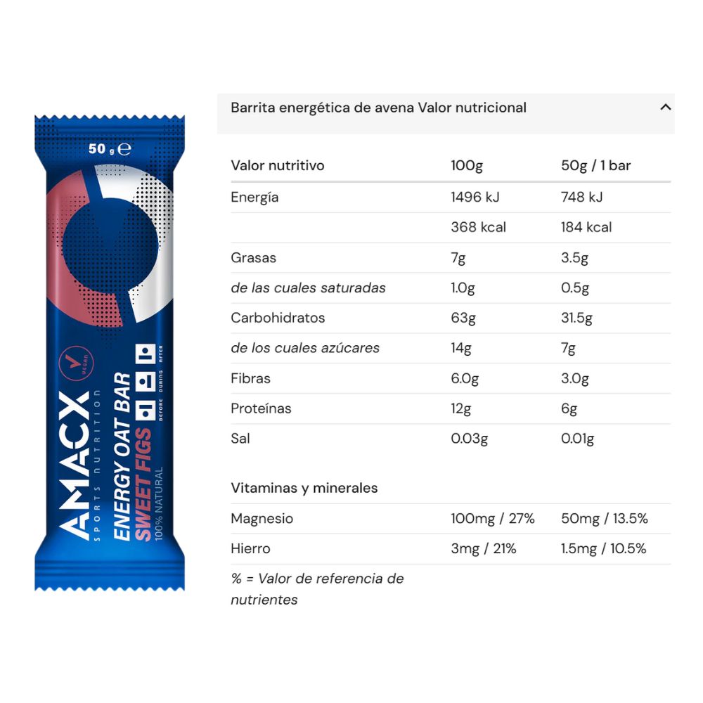 amacx energy oat bar tabla nutricional sabor higos dulces