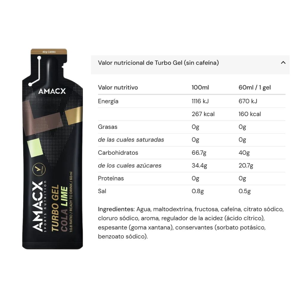 Amacx Turbo Gel tabla nutricional sabor cola lima